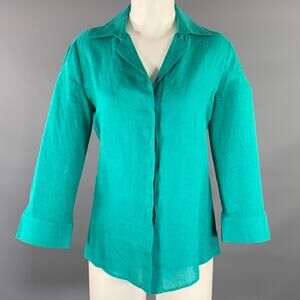 GIORGIO ARMANI Size 8 Teal Linen 3/4 Sleeves Shirt